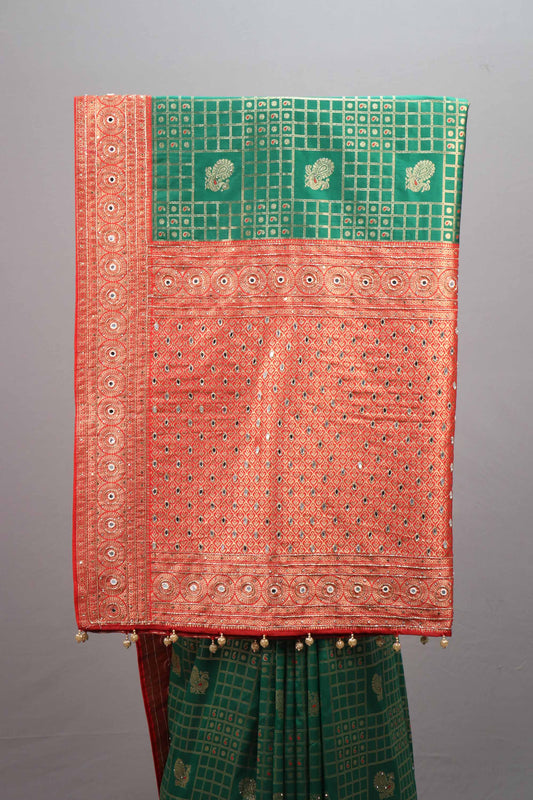 Green Red Banarasi Silk Saree Zari Weaving Pattern Design Designer Border