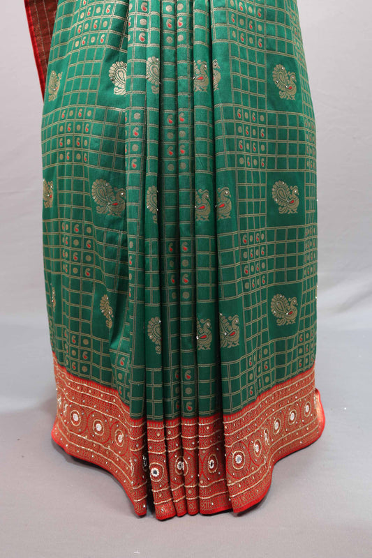Green Red Banarasi Silk Saree Zari Weaving Pattern Design Designer Border