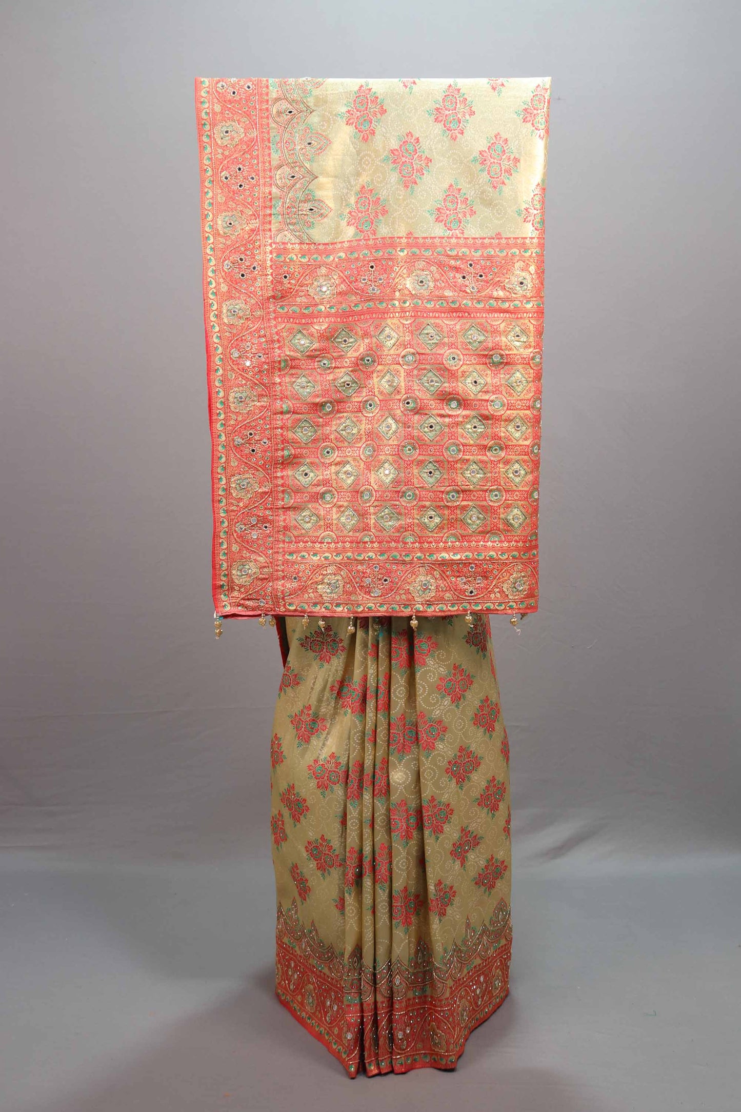 Beige Coral Jacquard Silk Saree with Woven Floral Design Rich Border