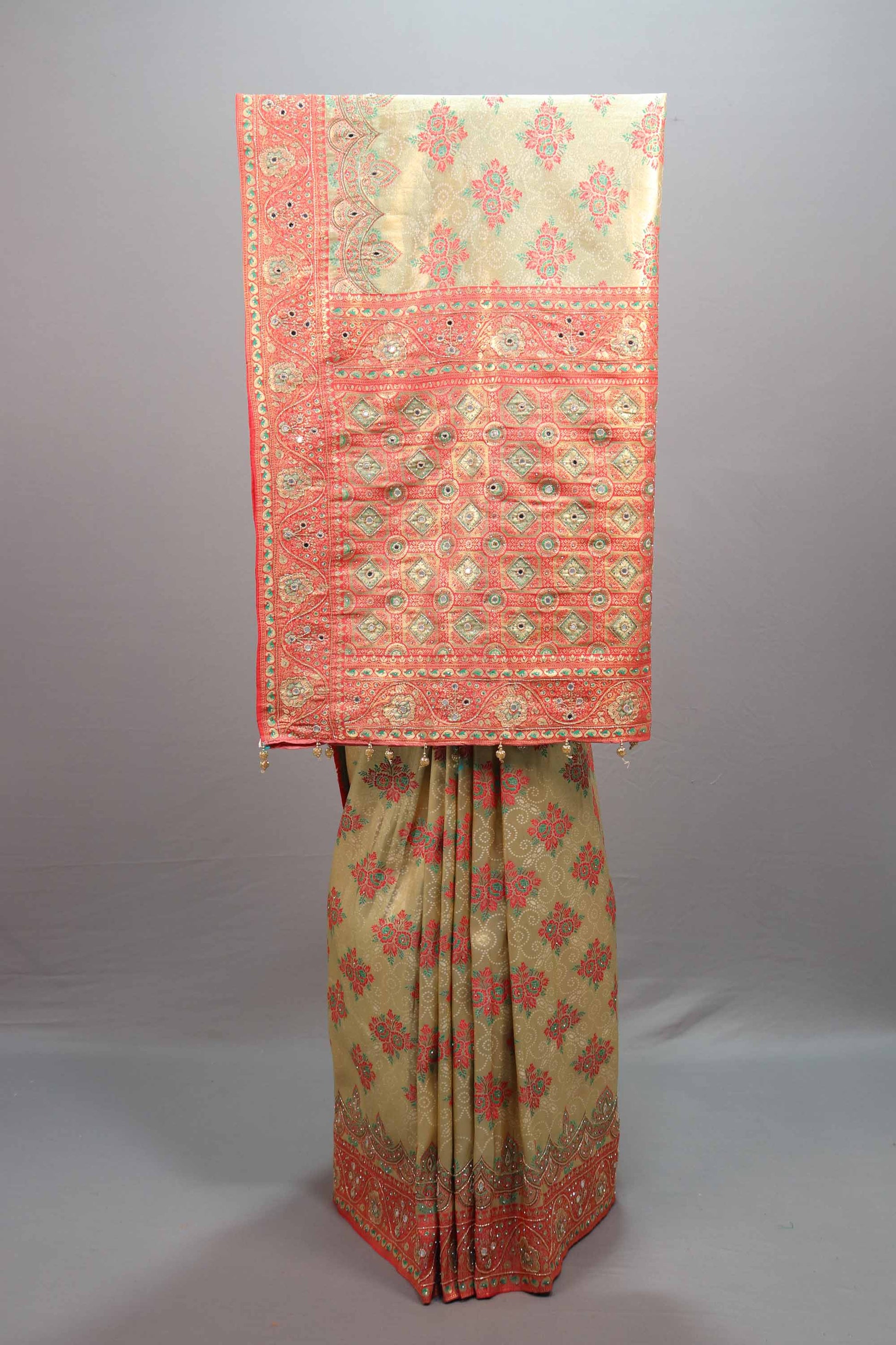 Beige Coral Jacquard Silk Saree with Woven Floral Design Rich Border
