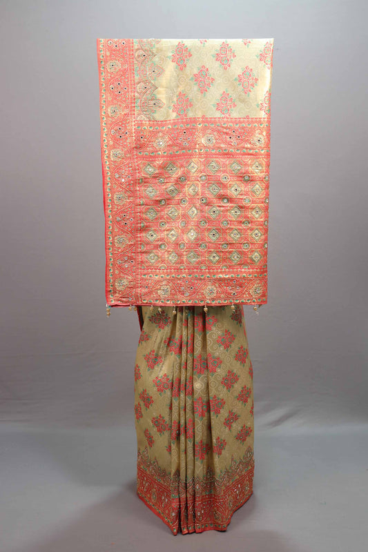 Beige Coral Jacquard Silk Saree with Woven Floral Design Rich Border