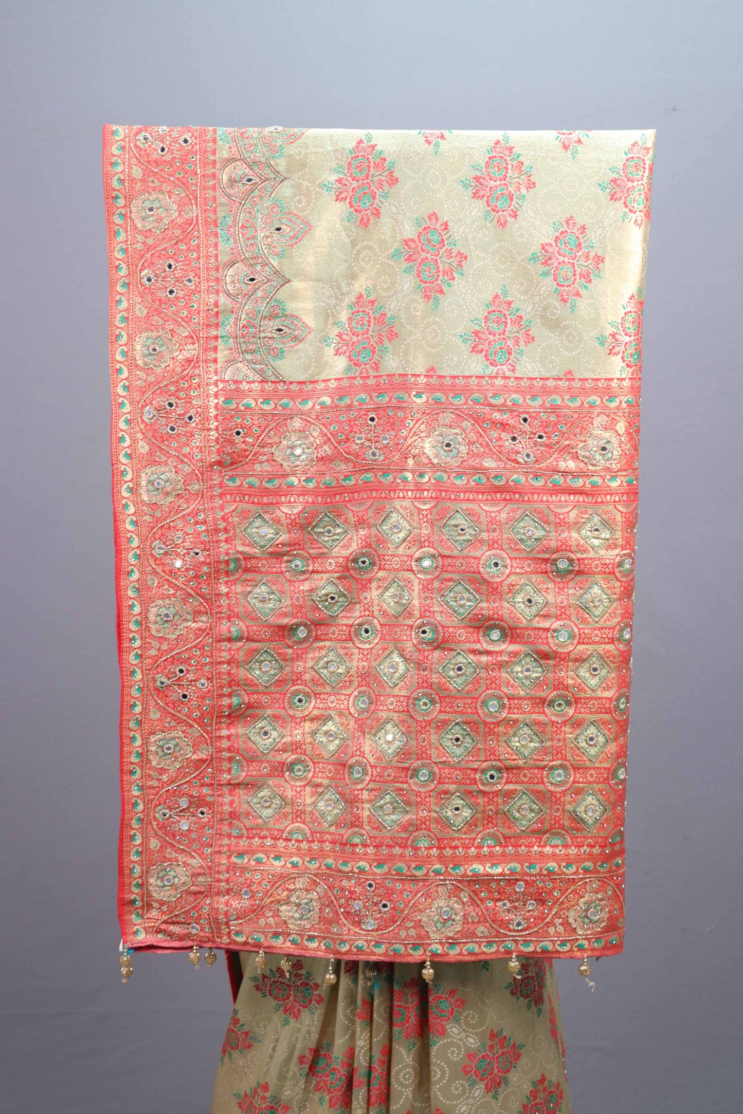 Beige Coral Jacquard Silk Saree with Woven Floral Design Rich Border