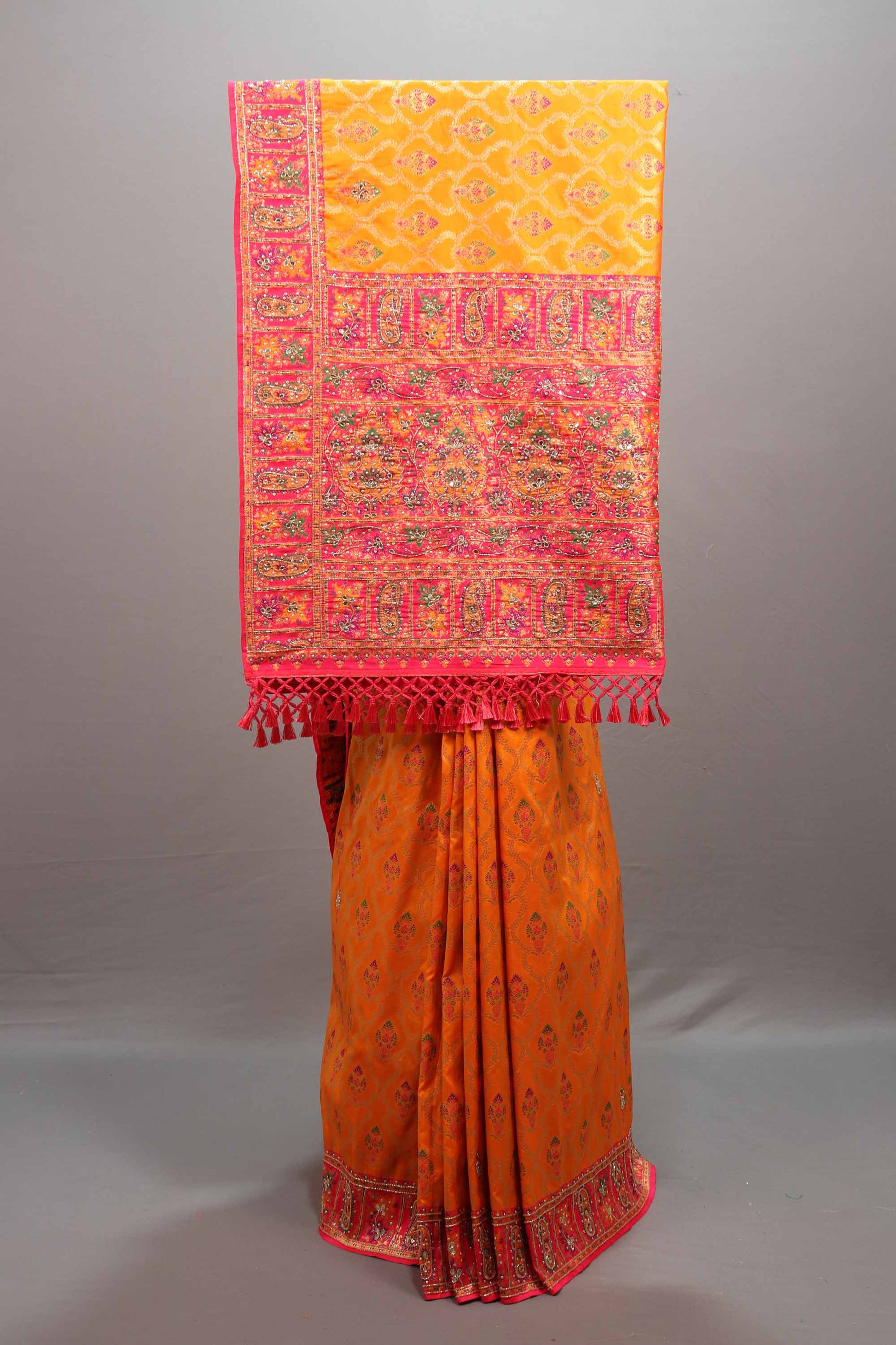 Orange Jacquard Silk Saree Pink Embroidered Border Designer Pallu 