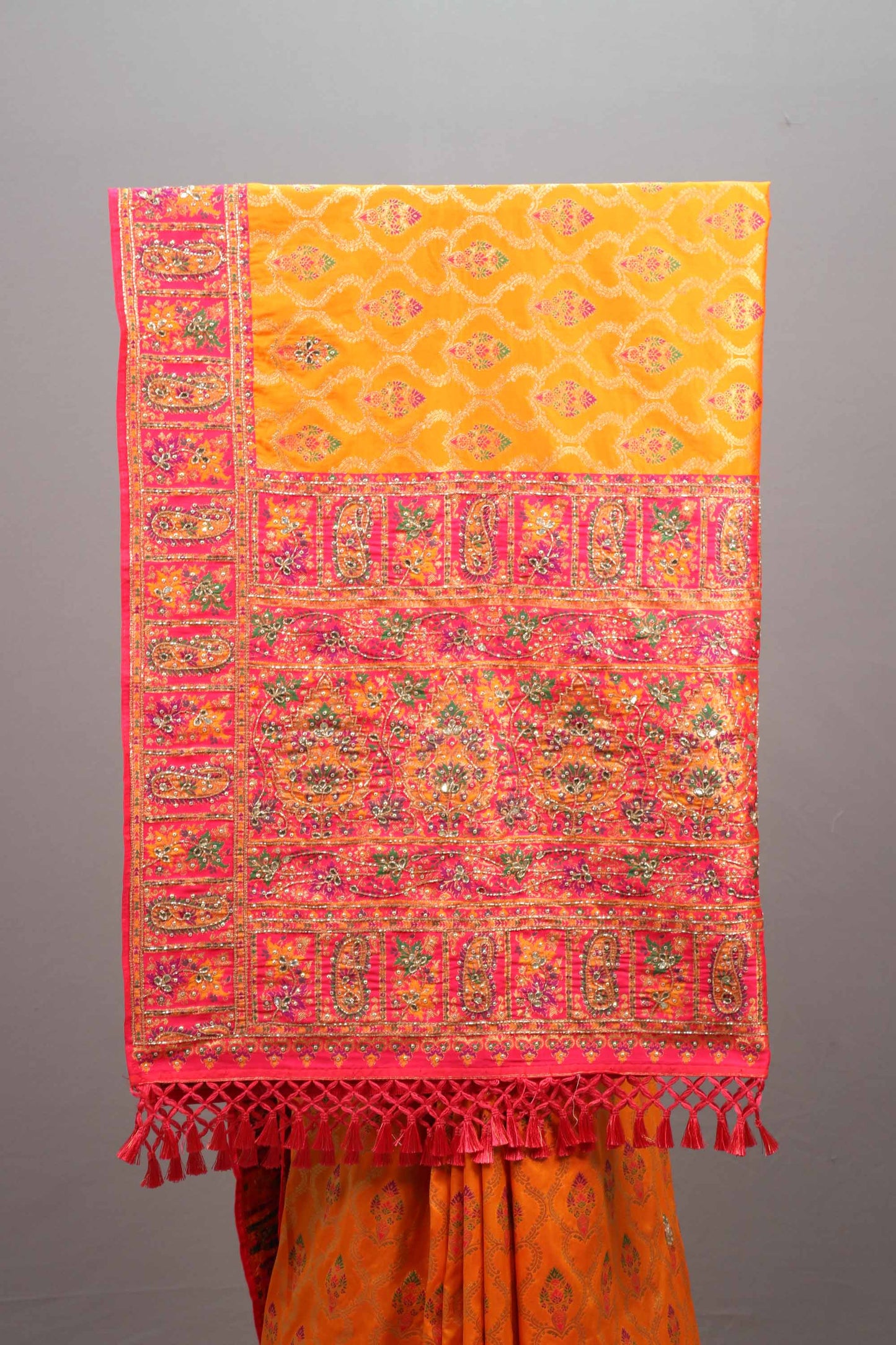 Orange Jacquard Silk Saree Pink Embroidered Border Designer Pallu