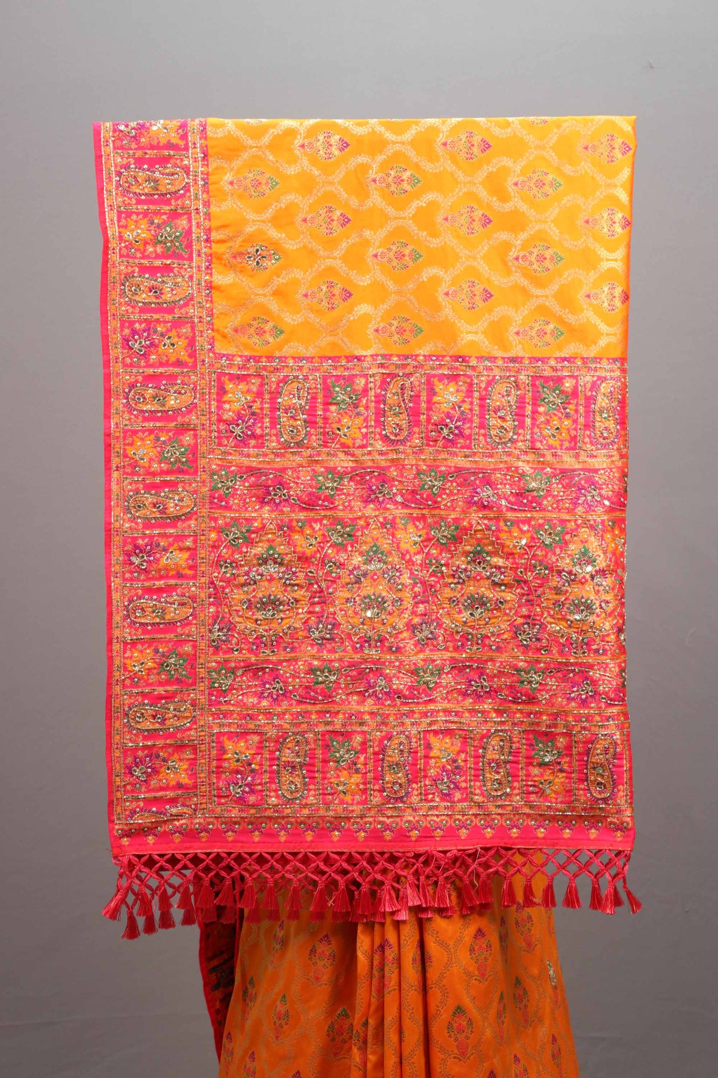 Orange Jacquard Silk Saree Pink Embroidered Border Designer Pallu