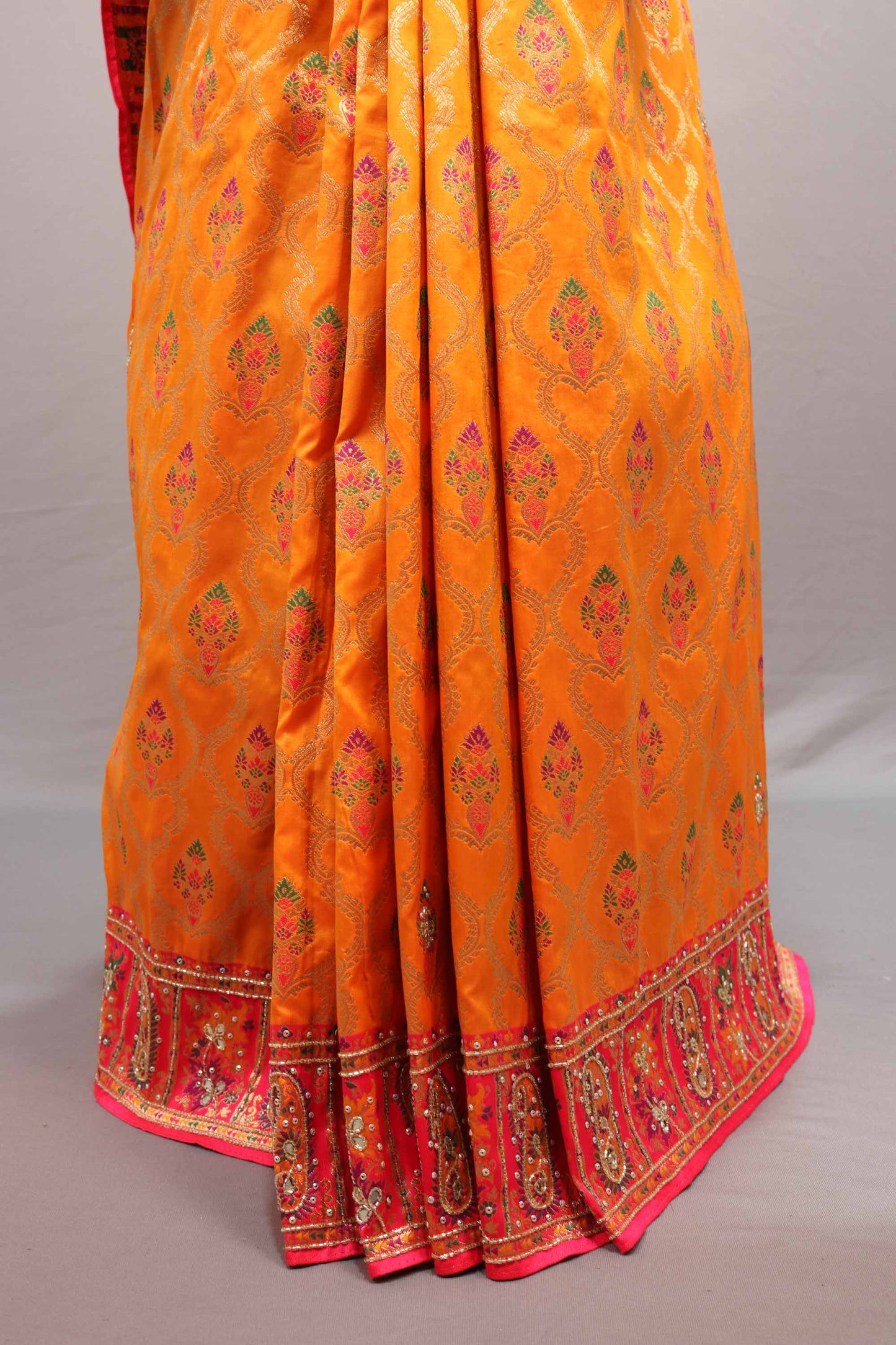 Orange Jacquard Silk Saree Pink Embroidered Border Designer Pallu