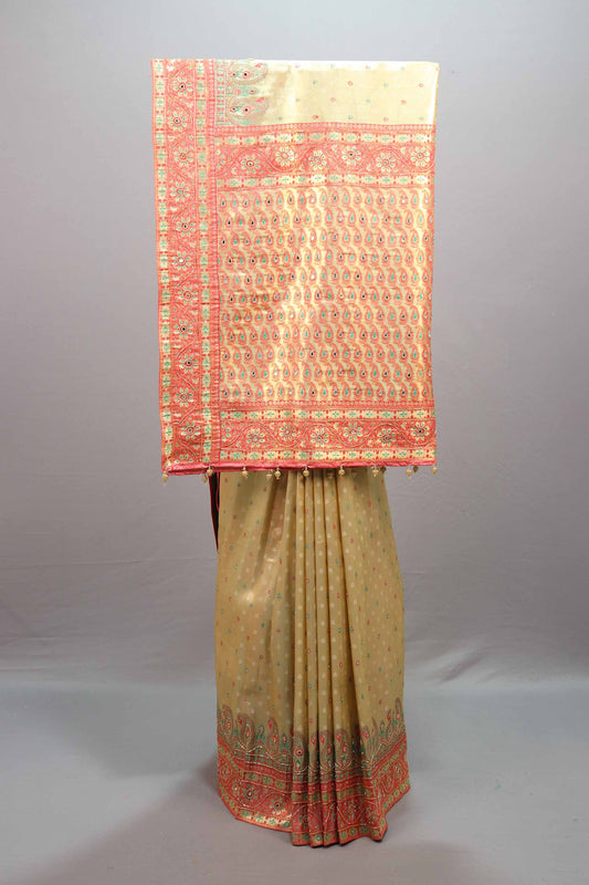  Beige Jacquard Silk Saree Coral Paisley Woven Design Rich Border 