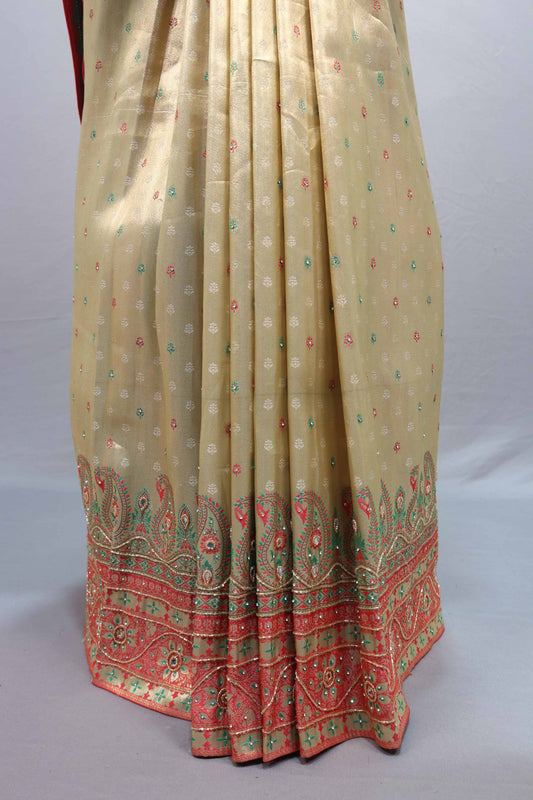 Beige Jacquard Silk Saree Coral Paisley Woven Design Rich Border