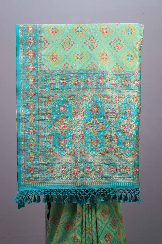Sea Green Jacquard Silk Saree with Woven Motifs Designer Border