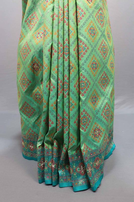 Sea Green Jacquard Silk Saree with Woven Motifs Designer Border