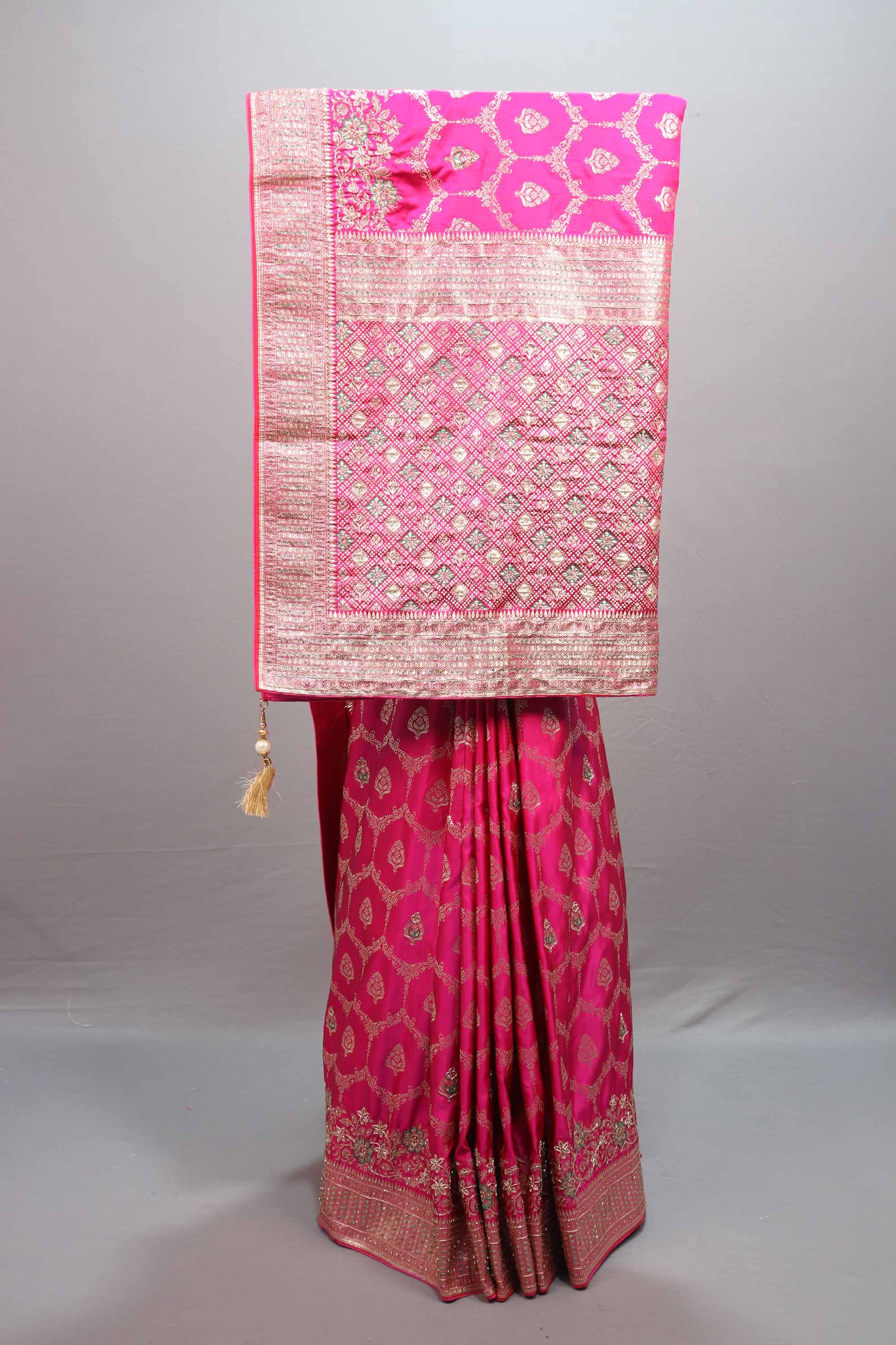 Rani Pink Jacquard Silk Saree Gold Woven Design Rich Border