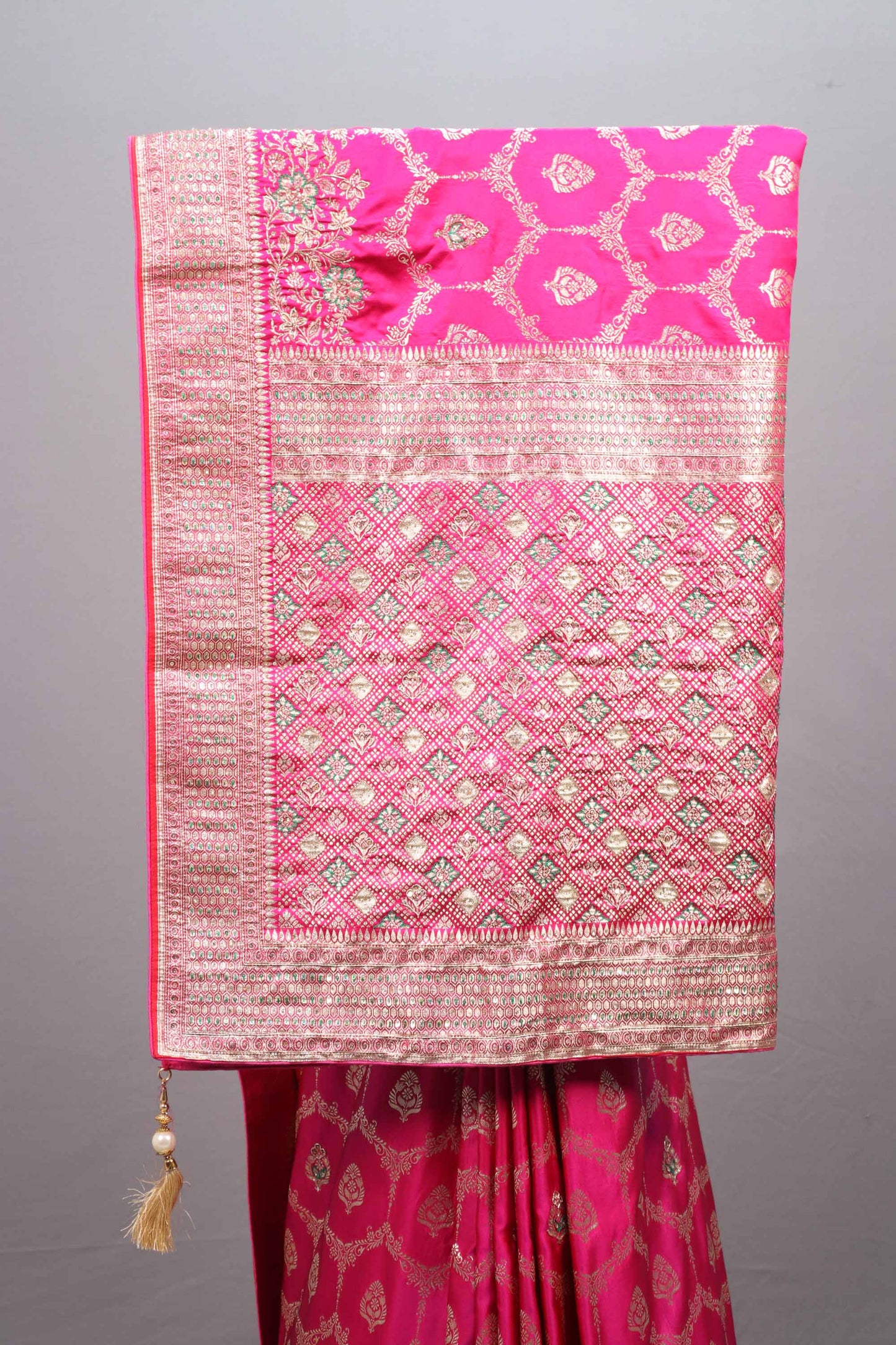 Rani Pink Jacquard Silk Saree Gold Woven Design Rich Border