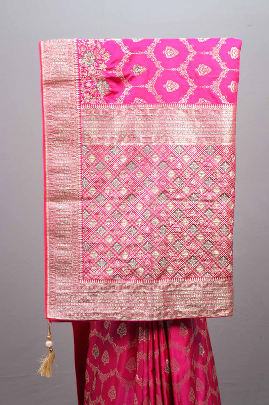 Rani Pink Jacquard Silk Saree Gold Woven Design Rich Border