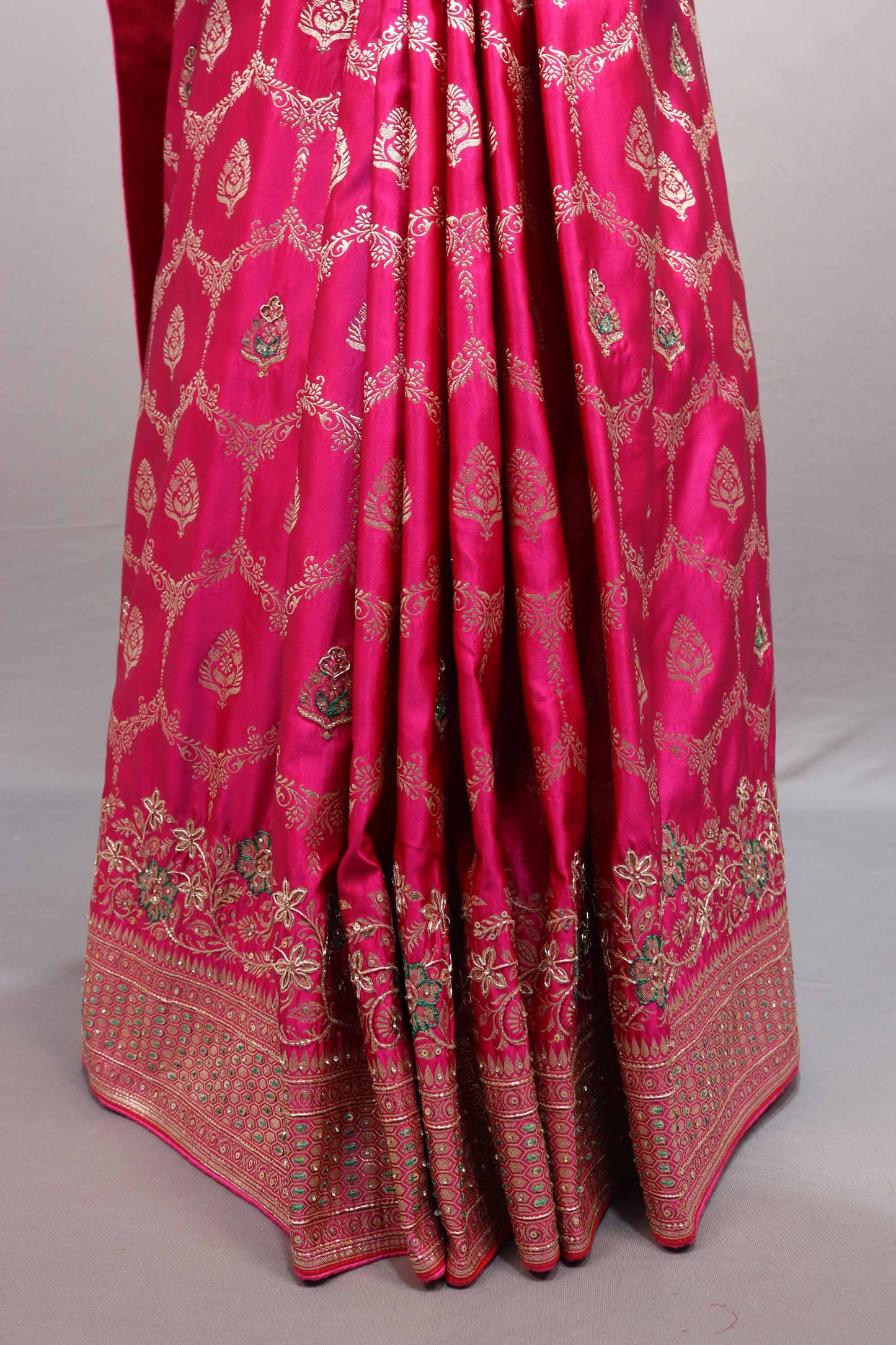 Rani Pink Jacquard Silk Saree Gold Woven Design Rich Border