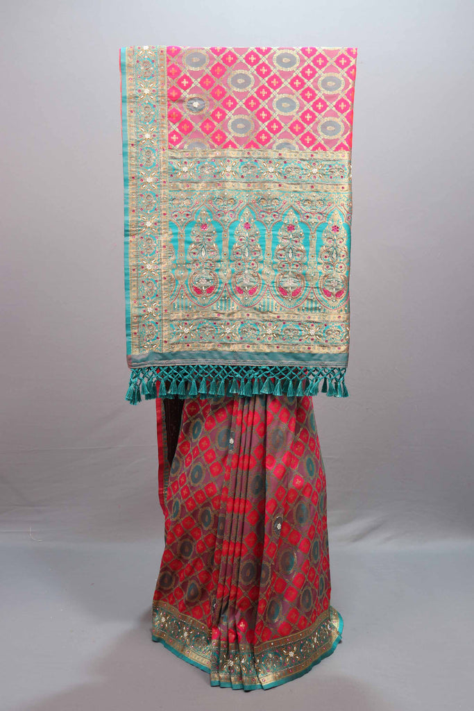 Pink Turquoise Jacquard Silk Saree with Zari Woven Design Rich Border