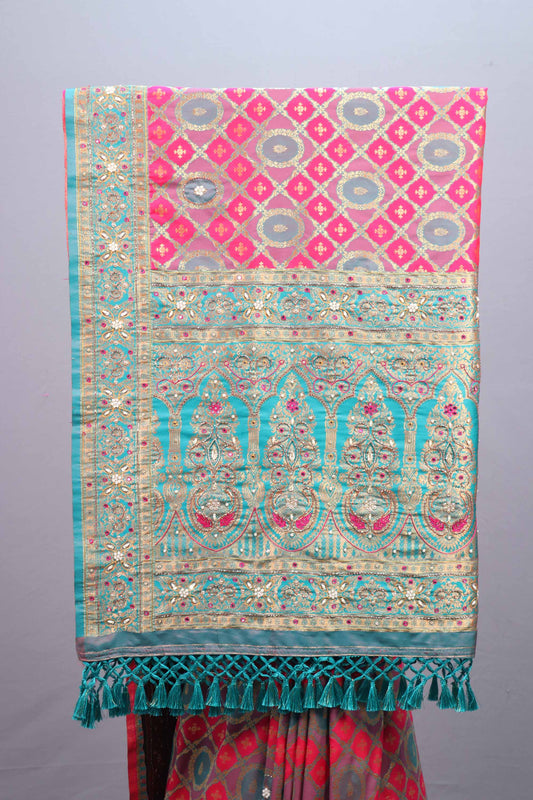 Pink Turquoise Jacquard Silk Saree with Zari Woven Design Rich Border