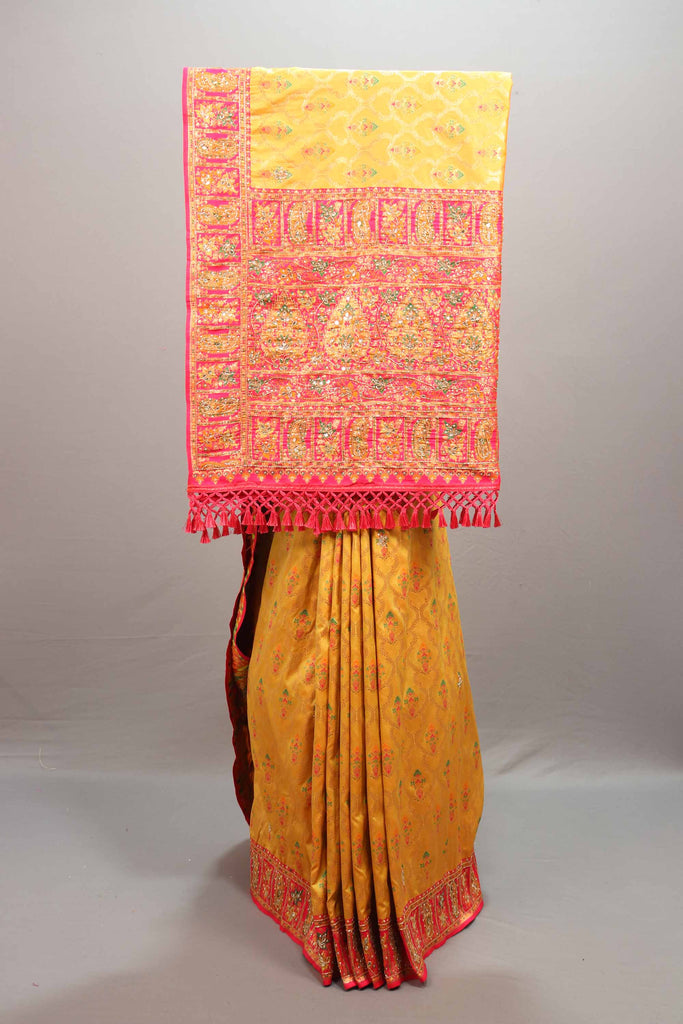  Mustard Yellow Jacquard Silk Saree Pink Embroidered Border Designer Pallu