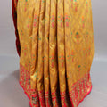 Mustard Yellow Jacquard Silk Saree Pink Embroidered Border Designer Pallu