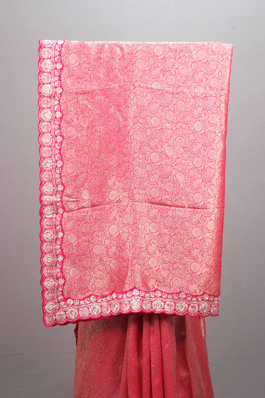 Elegant Pink Jacquard Silk Saree with Woven Design Border