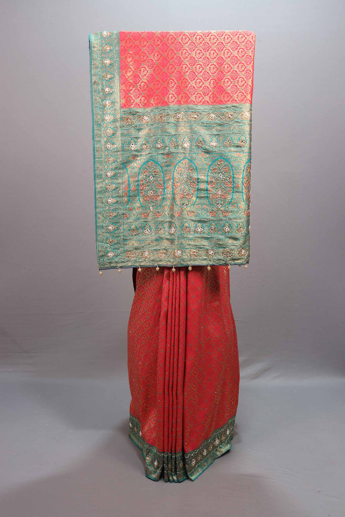 Pink Sea Green Jacquard Silk Saree with Zari Woven Design Rich Border