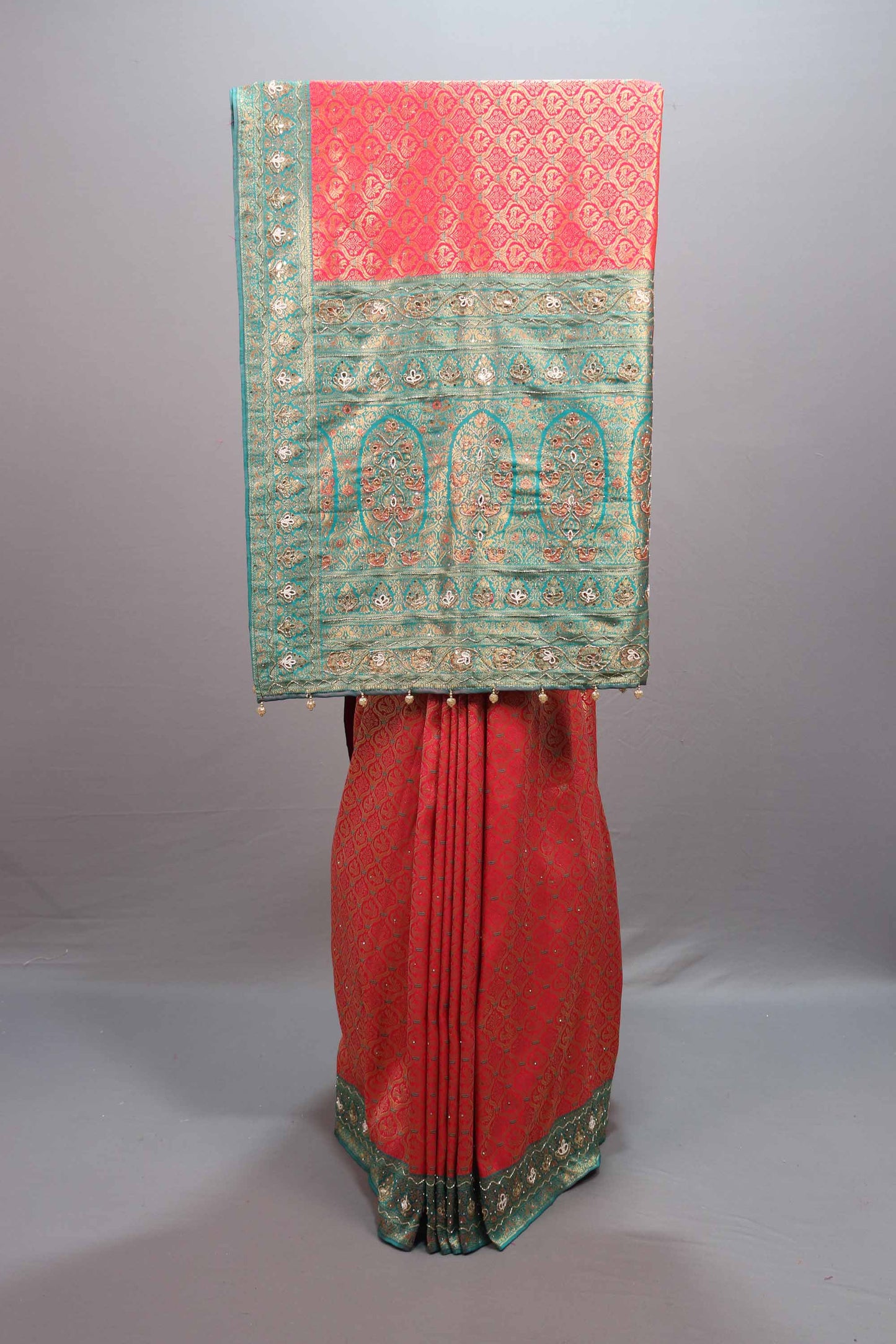 Pink Sea Green Jacquard Silk Saree with Zari Woven Design Rich Border