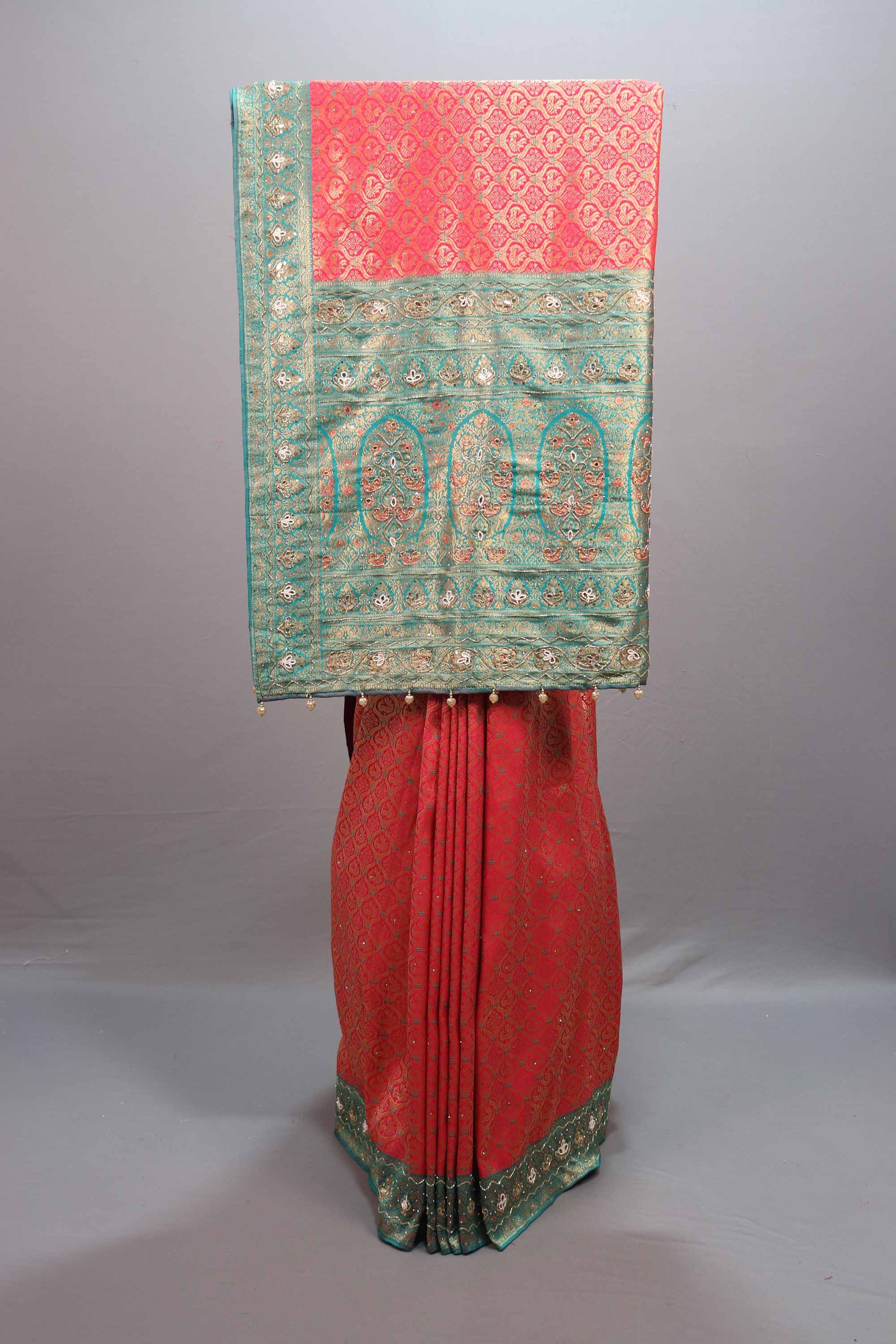 Pink Sea Green Jacquard Silk Saree with Zari Woven Design Rich Border