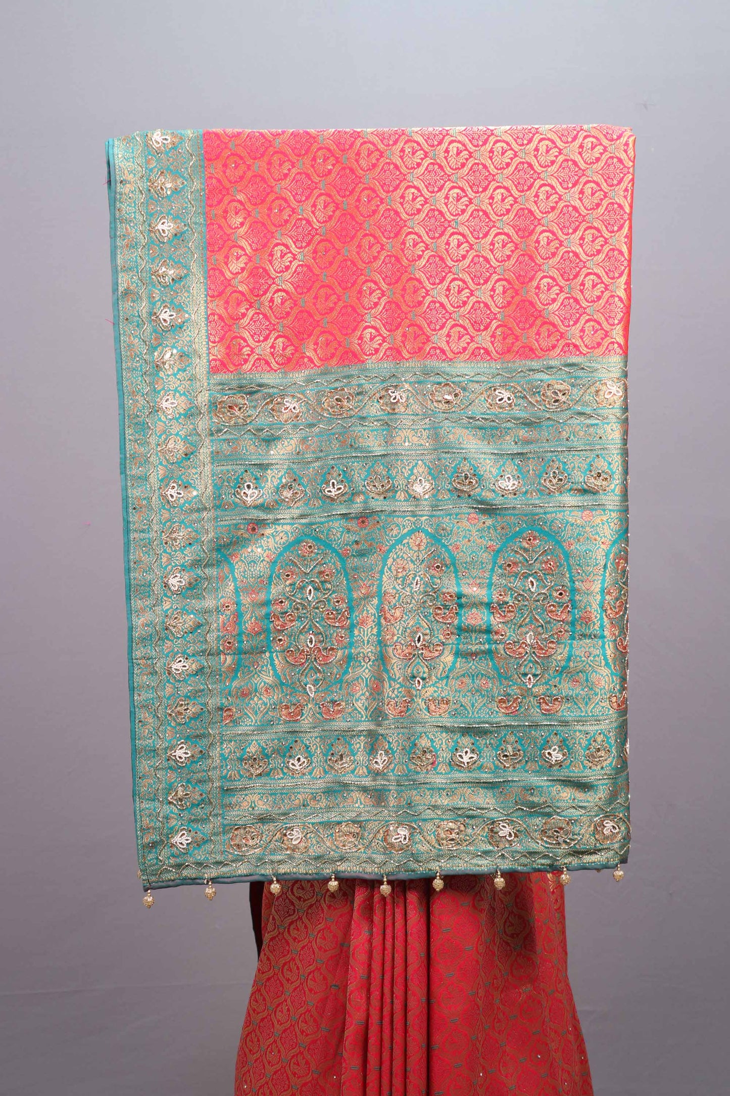 Pink Sea Green Jacquard Silk Saree with Zari Woven Design Rich Border