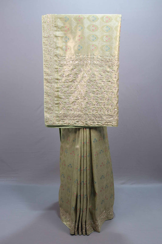  Pastel Green Jacquard Silk Saree Floral Woven Design Embroidered Border