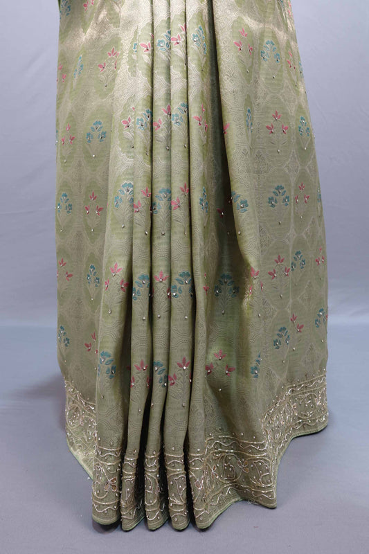 Pastel Green Jacquard Silk Saree Floral Woven Design Embroidered Border