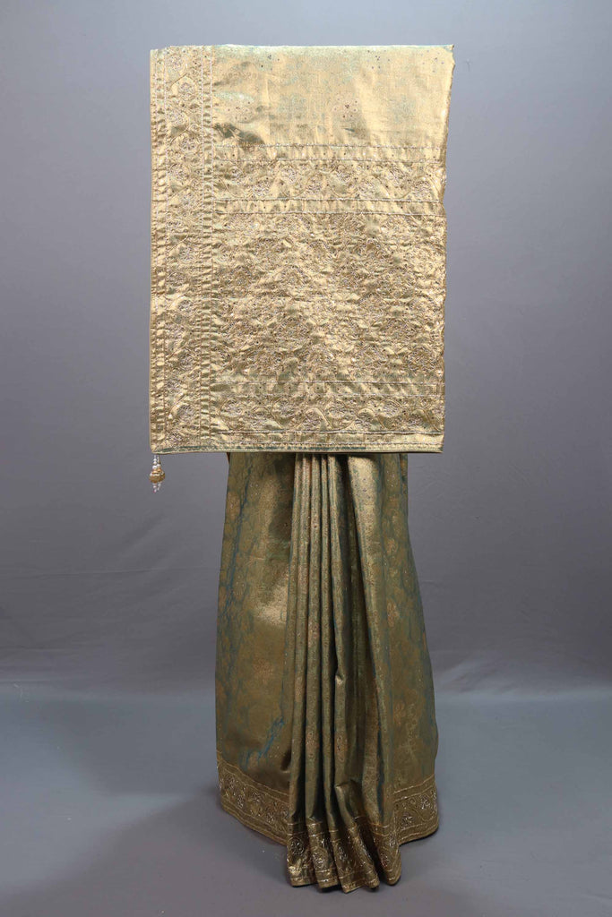  Olive Green Gold Jacquard Silk Saree Zari Woven Design Rich Border