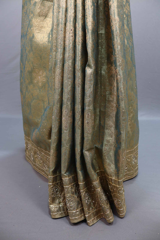 Olive Green Gold Jacquard Silk Saree Zari Woven Design Rich Border