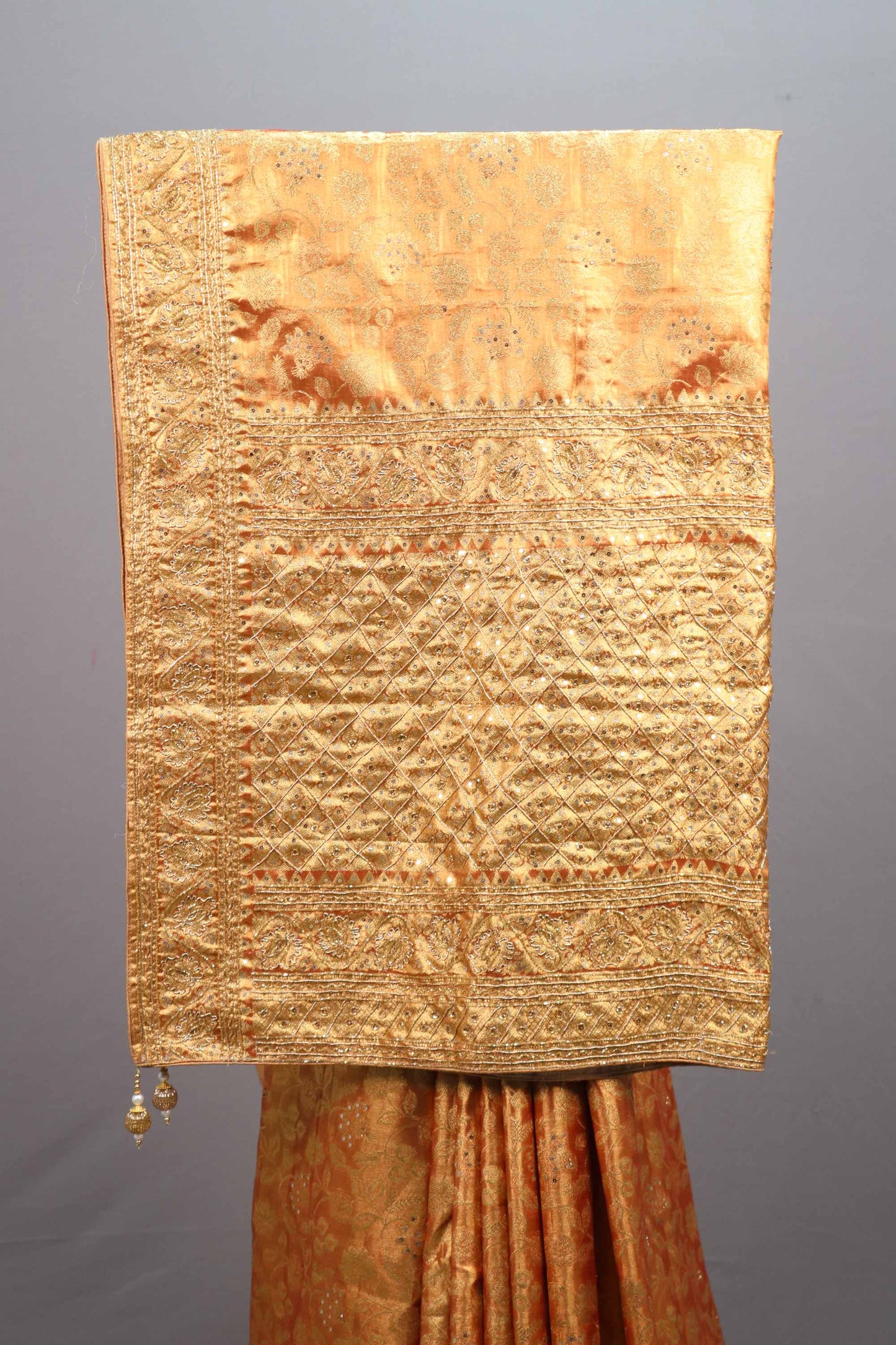 Golden Orange Jacquard Silk Saree with Zari Woven Design Rich Border