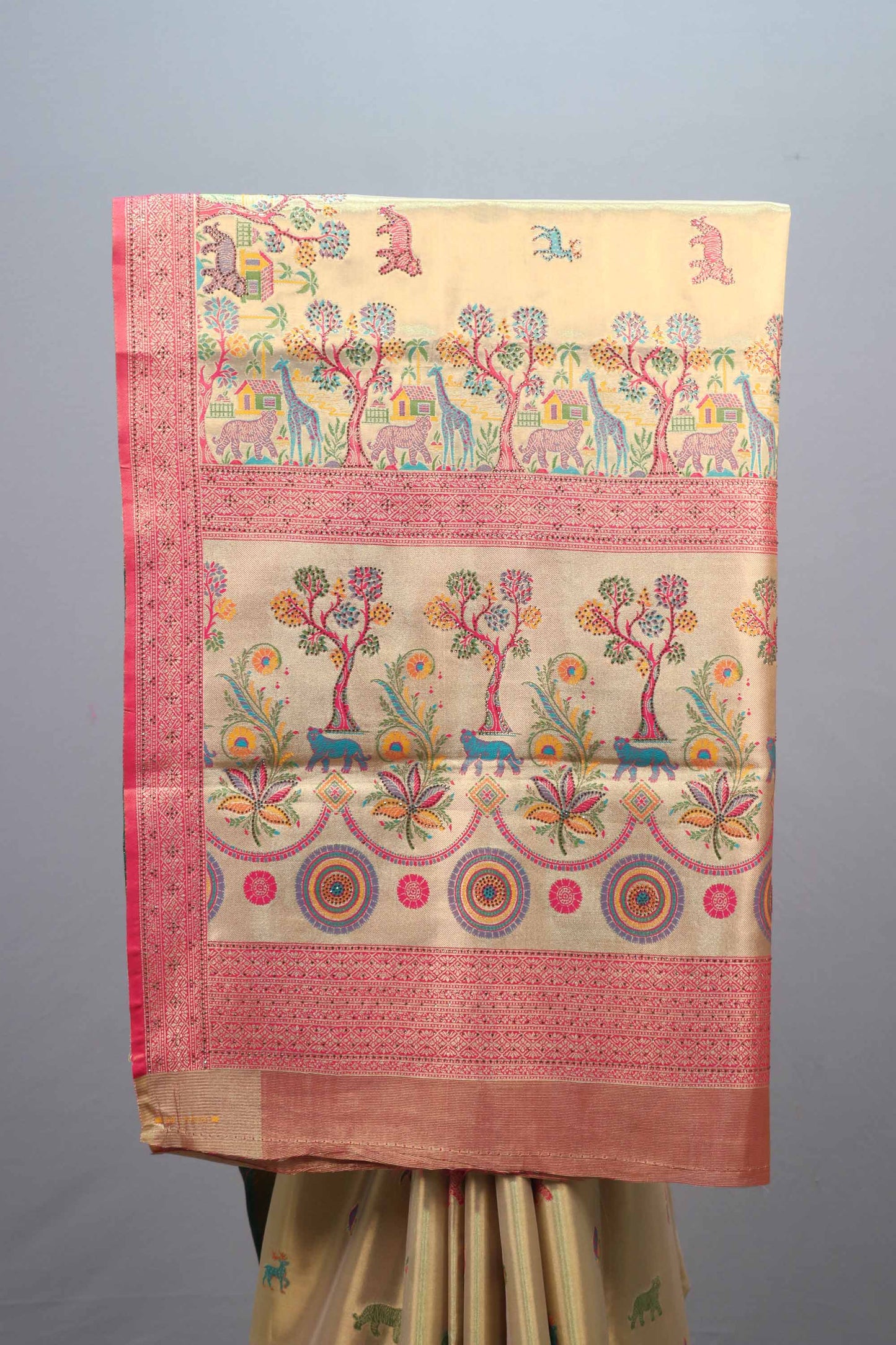 Cream Kanjivaram Silk Saree Motif Weaving and Rich Red Border