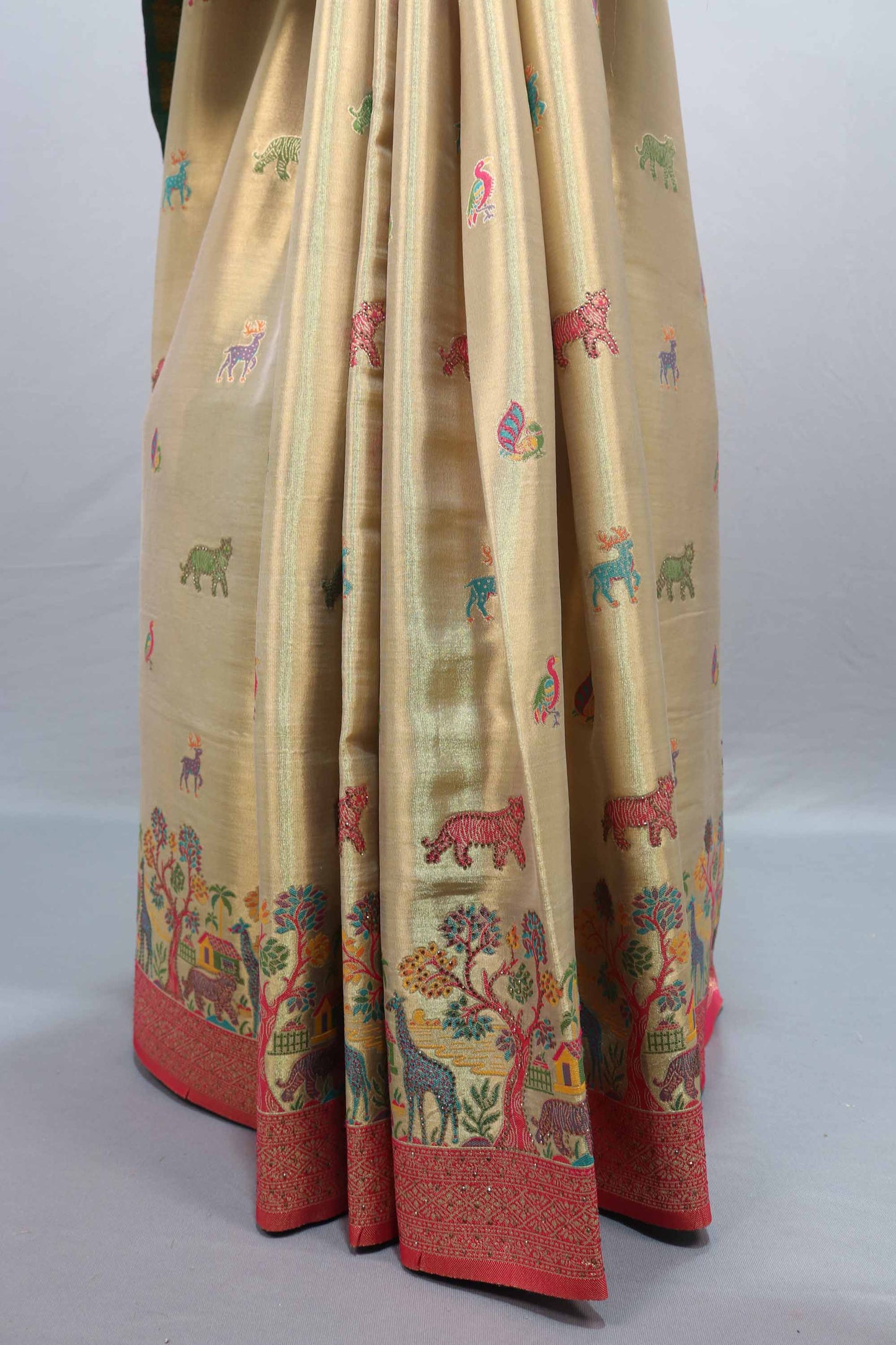 Cream Kanjivaram Silk Saree Motif Weaving and Rich Red Border