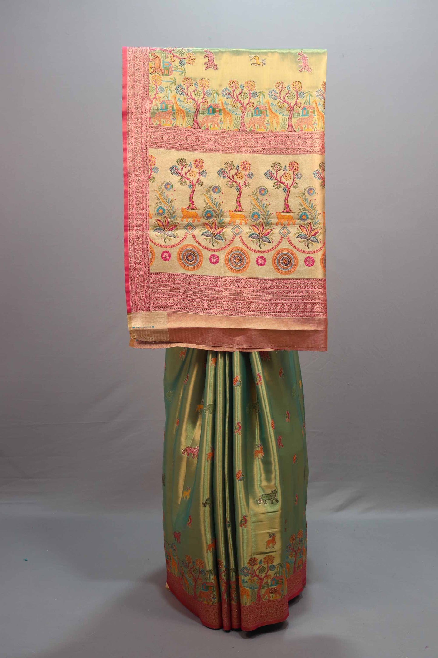 Olive Green Kanjivaram Silk Saree Multicolor Motif Weaving Pink Border 