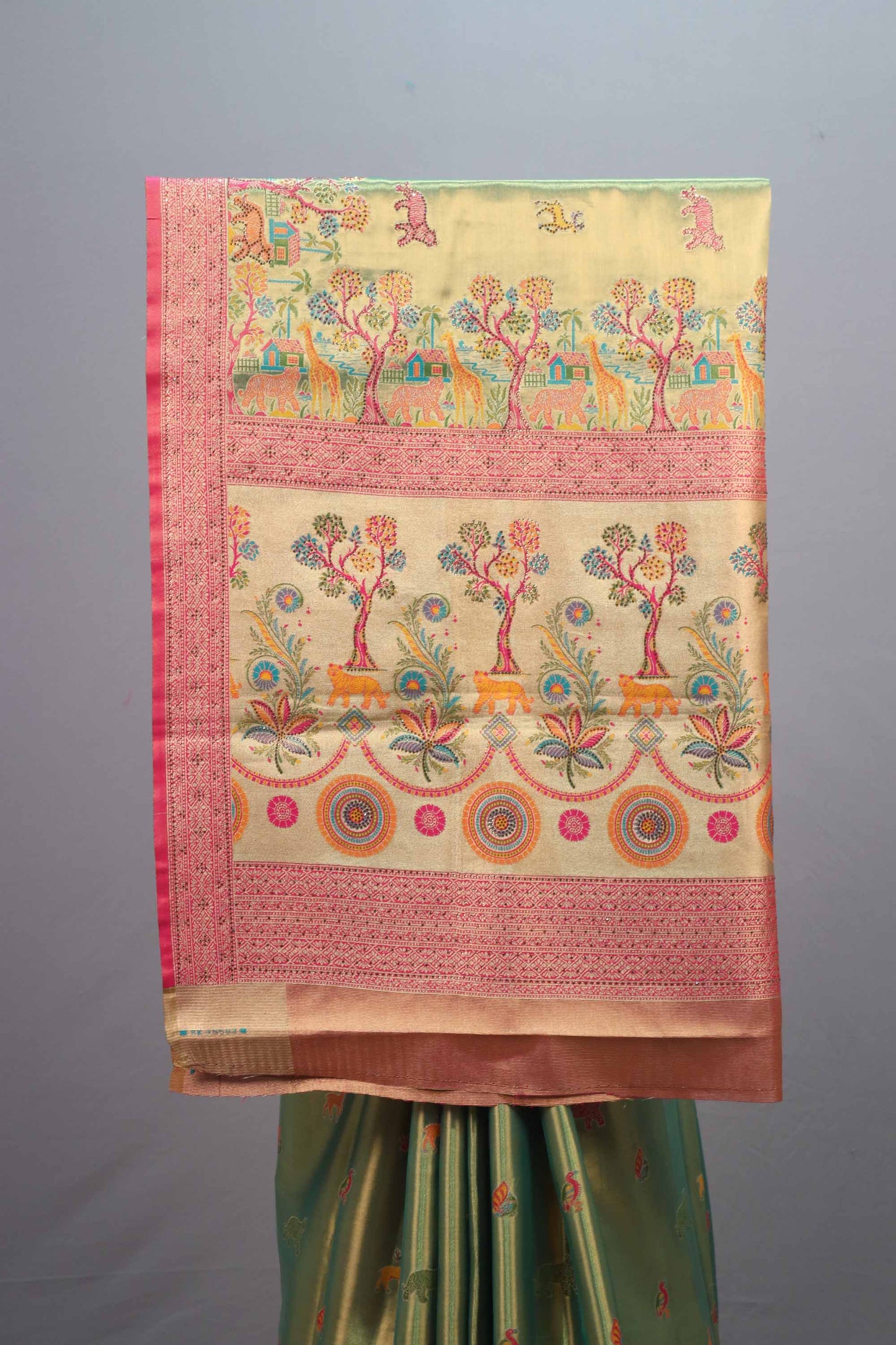 Olive Green Kanjivaram Silk Saree Multicolor Motif Weaving Pink Border