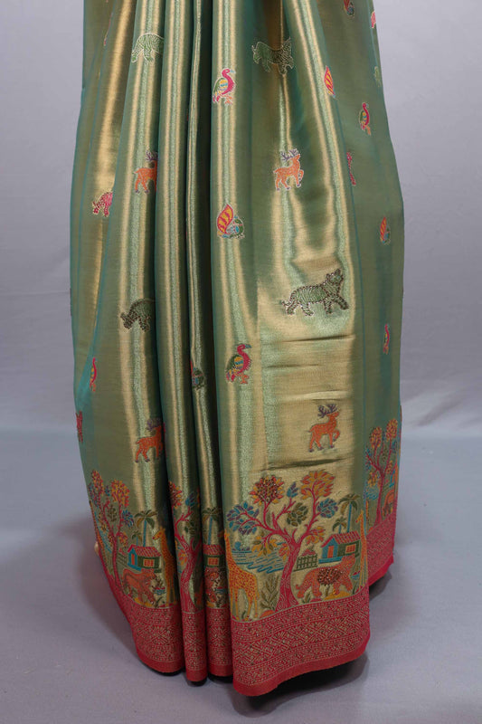 Olive Green Kanjivaram Silk Saree Multicolor Motif Weaving Pink Border