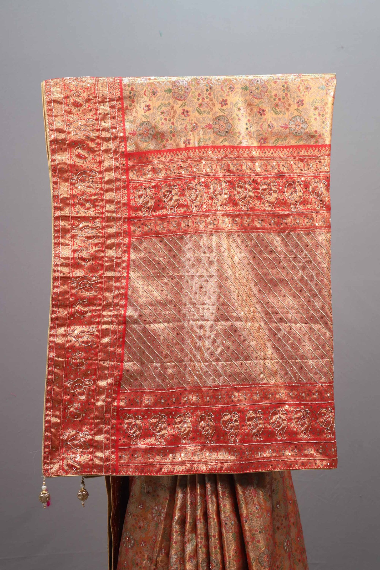 Orange Kanjivaram Silk Saree Zari Weaving Floral Motifs Designer Border