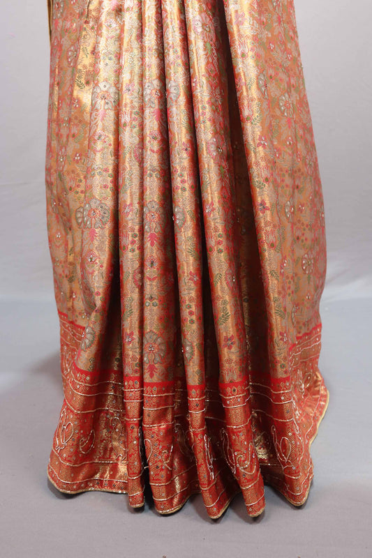 Orange Kanjivaram Silk Saree Zari Weaving Floral Motifs Designer Border