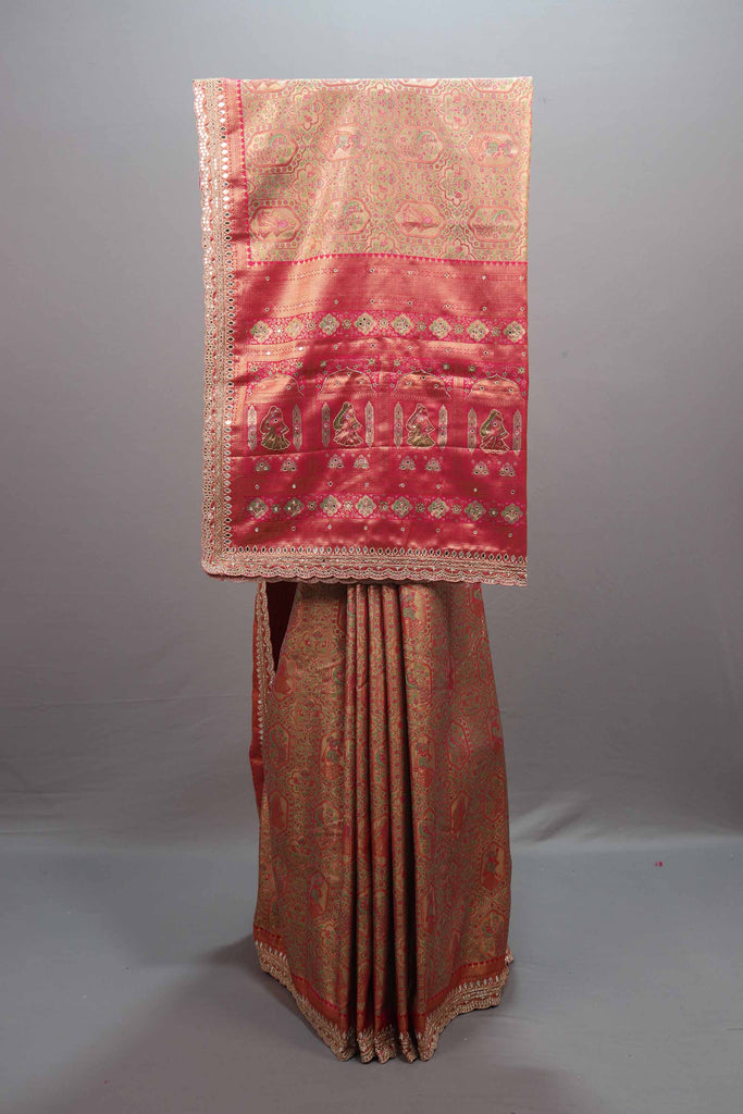 Peach Pink Kanjivaram Silk Saree Zari Weaving Motifs Designer Border Pallu 