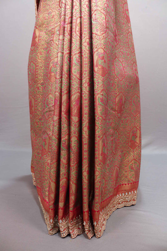Peach Pink Kanjivaram Silk Saree Zari Weaving Motifs Designer Border Pallu