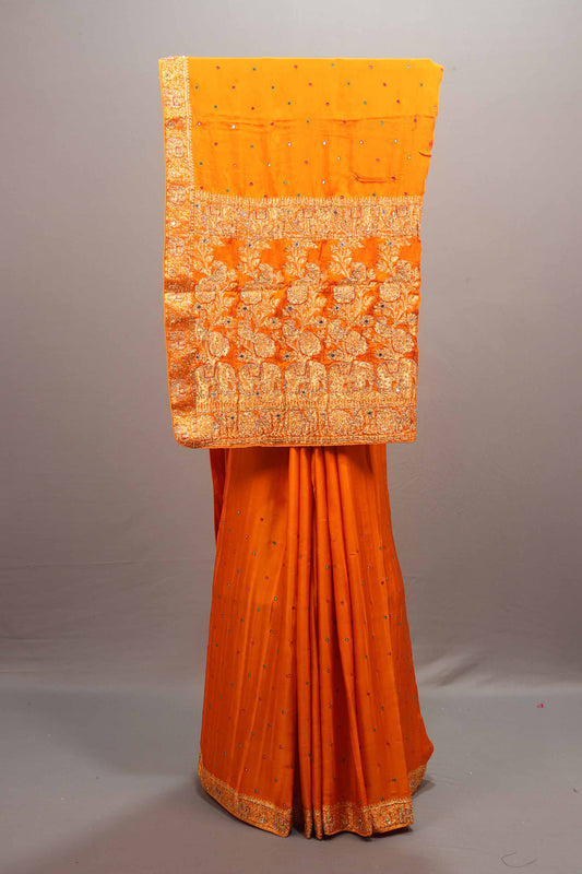  Orange Silk Saree Embroidery Elephant Motif Design Stone Designer Border