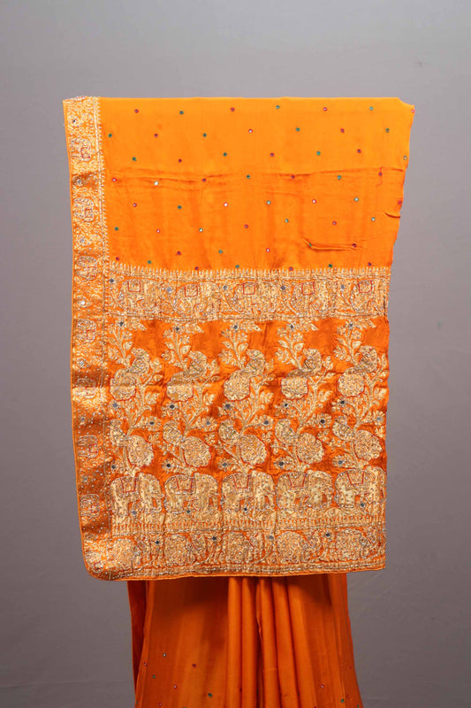 Orange Silk Saree Embroidery Elephant Motif Design Stone Designer Border