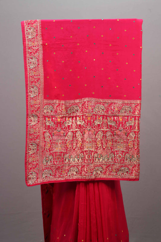 Rani Pink Silk Saree Heavy Embroidery Elephant Motif Stone Designer Border