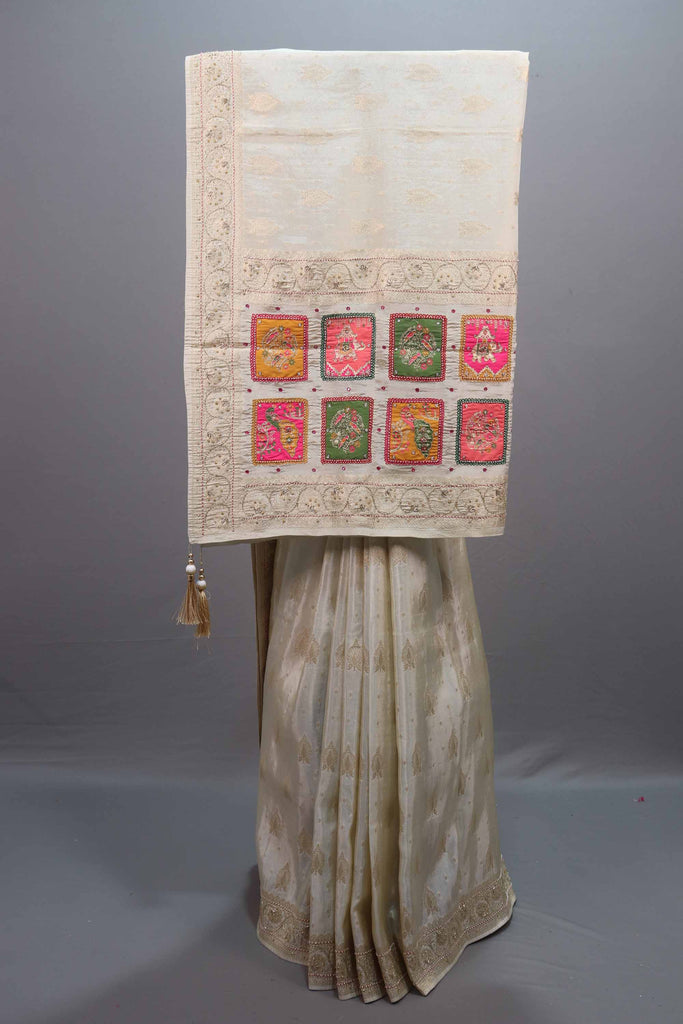Off White Silk Saree Zari Weaving Patchwork Motifs Designer Border 