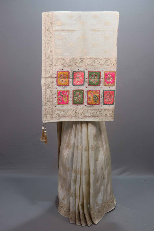 Off White Silk Saree Zari Weaving Patchwork Motifs Designer Border 