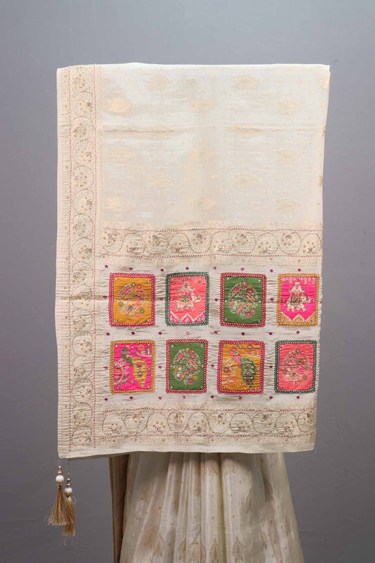 Off White Silk Saree Zari Weaving Patchwork Motifs Designer Border