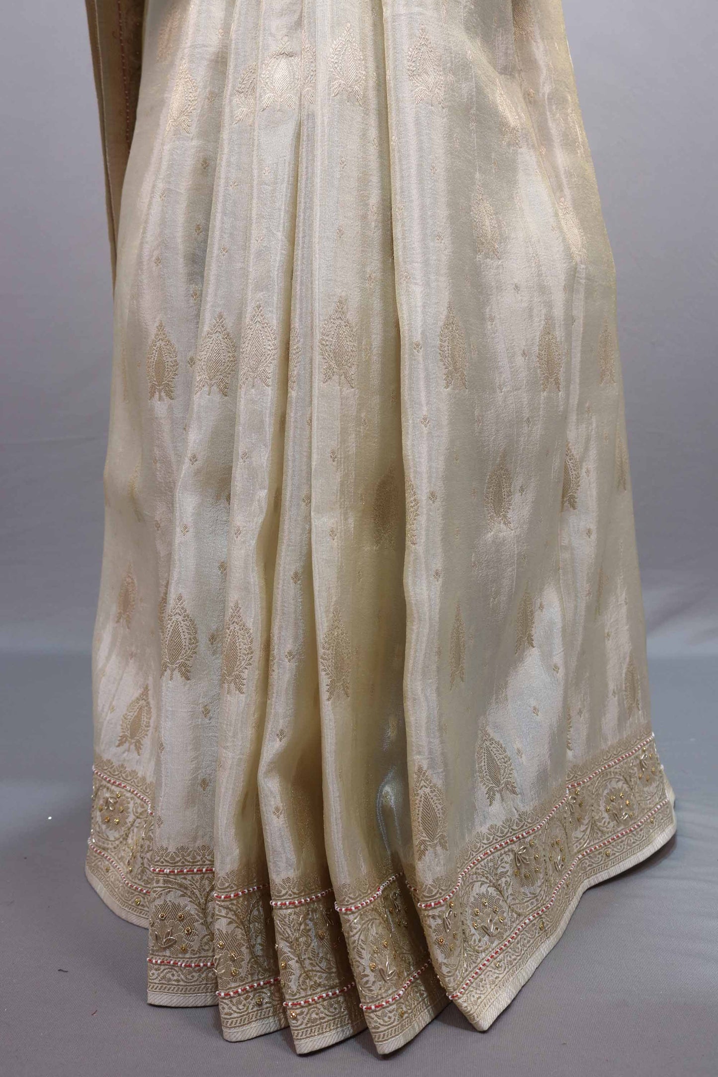 Off White Silk Saree Zari Weaving Patchwork Motifs Designer Border