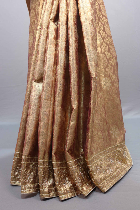 Golden Kanjivaram Silk Saree Heavy Zari Weaving Motifs Rich Designer Border