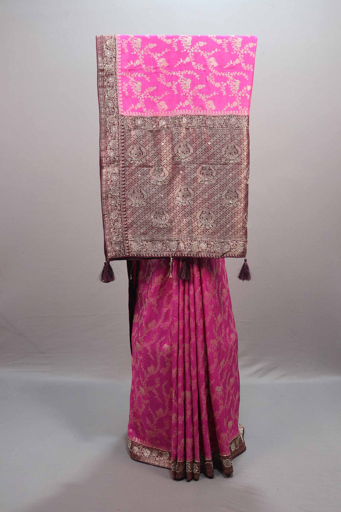  Rani Pink Kanjivaram Silk Saree  Zari Weaving Floral Elephant Motifs Rich 